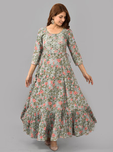 harivastra printed viscose rayon stitched anarkali gown grey