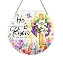 Harooni Easter Decorative Sign, 12x12in Modern Wooden Door Mount, Pastel, Bright, He is Risen, Twine, Rope