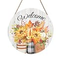 Harooni Fall Welcome Sign Door Sign 12"x12" Rustic Fall Decorations Hanging Door Sign Thanksgiving Farmhouse Welcome Round Wooden Sign for Home Front Door Wall Porch Yard Garden