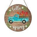 Harooni Hello Spring Blue Truck Welcome Sign for Front Door Spring Summer Wreaths for Front Door Tulip Flowers Pickup Wood Wreath Rustic Farmhouse Door Hanging Sign for Indoor Outdoor Decor 12 Inch