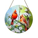 Harooni Spring Summer Cardinal Welcome Door Sign for Front Door Decor,Spring Pink Floral Round Wood Hanger Wreath for Outside Farmhouse Wooden Wreath for Porch Wall Hanging Sign Plaque Decor 12"x12"