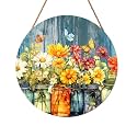 Harooni Spring Summer Floral Door Sign Decor Spring Welcome Wreaths for Front Door Summer Wildflower Vase Butterfly Wood Wreath Farmhouse Front Door Hanger Sign for Indoor Outdoor Decor 12 Inch