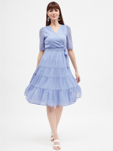 harpa women fit and flare blue knee length dress