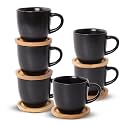 Hasense 4 OZ Espresso Cups and Saucers Set of 6, Demitasse Cups with Handle for Latte, Cappuccino, Cafe Mocha and Tea, Porcelain Coffee Cups for Coffee Bar and Party, Black