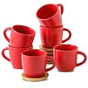 HASENSE 6 Ounce Espresso Cups with Saucers,Ceramic Cappuccino Cups with Handle for Double Shot, Latte, Cafe Mocha, Stackable Coffee Cups with Handle for Cafes, Home, Office, Red