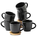 HASENSE 6 oz Cappuccino Cups with Saucers, 6 Pcs Ceramic Espresso Cups with Handle for Double Shot, Latte, Cafe Mocha, Stackable Coffee Cups Demitasse Cups with Handle for Cafes, Home, Office, Black