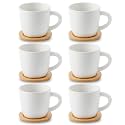 HASENSE 8 oz Cappuccino Cups with Saucers set of 6, Porcelain Coffee Mugs Latte Mugs with Handle Perfect for Double Shot, Americano, Milk and Tea, White