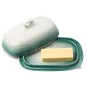 HASENSE Butter Dish with Lid, Ceramic Butter Dish with Cover for Countertop, Porcelain Butter Keeper Holder with Handle Design for East West Coast Butter, Butter Tray with Lid for Fridge, Green