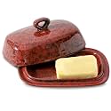 Hasense Butter Dish with Lid for Countertop and Refrigerator, Ceramic Butter Holder Container with Handle Cover, Porcelain Butter Tray Perfect for East West Coast Butter Stick, Dishwasher Safe, Red
