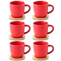 HASENSE Cappuccino Cups with Bamboo Saucers Set of 6, 8 OZ Ceramic Espresso Cups with Handle for Double Shot, Latte, Mocha, Stackable Coffee Cups for Cafes, Home and Office, Red