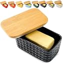 Hasense Ceramic Butter Dish with Lid, Black Butter Container for Countertop Airtight Butter Stick Covered Keeper, Embossed Pattern,Easy Clean Dishwasher Safe