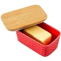 Hasense Ceramic Butter Dish with Lid, Butter Holder for Countertop Airtight Butter Stick Covered Keeper, Red Embossed Pattern Design,Holiday Gift
