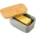 Hasense Ceramic Butter Dish with Wooden Lid, Butter Container for Countertop Airtight Butter Stick Covered Keeper,Grey Embossed Pattern,Easy Clean Dishwasher Safe