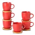 HASENSE Espresso Cups and Saucers Set of 6, 3.5 OZ Demitasse Cups with Handle for Drinks, Latte, Cappuccino, Cafe Mocha and Tea, Porcelain Coffee Cups for Coffee Bar Home and Party, Red