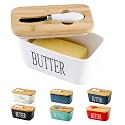 Hasense Porcelain Butter Dish with Bamboo Lid - Covered Butter Dish with Butter Knife for Countertop, Airtight Butter Container with Cover Perfect for East West Coast Butter, White