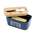 Hasense Porcelain Butter Dish with Bamboo Lid - Covered Butter Keeper with Butter Knife for Countertop, Airtight Butter Container with Cover Perfect for East West Coast Butter, Blue