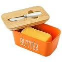 Hasense Porcelain Butter Dish with Bamboo Lid - Covered Butter Dish with Butter Knife for Countertop, Airtight Butter Container with Cover Perfect for East West Coast Butter, Orange