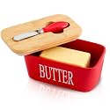 Hasense Porcelain Butter Dish with Bamboo Lid - Covered Butter Dish with Butter Knife for Countertop, Airtight Butter Container with Cover Perfect for East West Coast Butter, Red