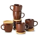 Hasense Stackable Porcelain Mini Espresso Cups and Saucers Set of 6, 4 OZ Ceramic Small Demitasse Espresso Shots Cups with Lids for Nespresso Lungo, Latte, Cafe Mocha and Tea, Brown
