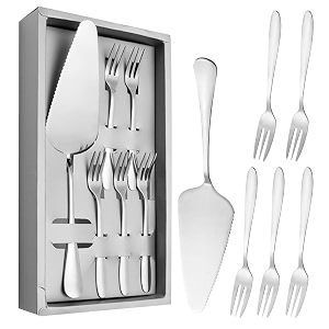 hasthip cake server cake forks combo set stainless steel cake slice amp 5pcs dessert forks 2 in 1 serrated cake cutter slice 52 inches cake forks birthday party supplies kitchen supplies silver