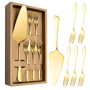 hasthip cake server cake forks combo set stainless steel slice amp 5pcs dessert forks2 in 1 serrated cutter slice 52 inchesbirthday party supplies kitchen supplies golden