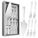 HASTHIP® Cake Server Cake Forks Combo Set Stainless Steel Cake Slice &amp; 5Pcs Dessert Forks, 2 in 1 Serrated Cake Cutter Slice 5.2 inches Cake Forks, Birthday Party Supplies Kitchen Supplies, Silver