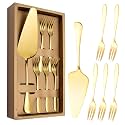 HASTHIP® Cake Server Cake Forks Combo Set Stainless Steel Slice & 5Pcs Dessert Forks,2 in 1 Serrated Cutter Slice 5.2 inches,Birthday Party Supplies Kitchen Supplies Golden