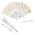 HASTHIP® Hand Fan Elegant White Fabric Hand Fan Traditional Chinese Fan with Tassel Charm Summer Fan Handheld Cooling Fan Travel Hand Fan Gift for Girls Women, 9 inches