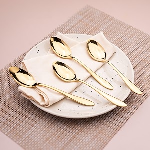haus and kinder gold stainless steel dinner serving spoon set of 4 for kitchen luxury dining rice spoons curry dal chamcha tableware cutlery gifts -19cm champagne gold glossy