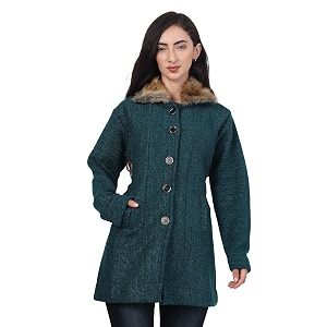 hautemoda solid collared neck casual women coat with fur collar