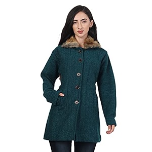 hautemoda solid collared neck casual women coat with fur collar