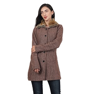 hautemoda solid collared neck casual women coat with fur collar