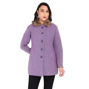 hautemoda solid collared neck casual women coat with fur collar