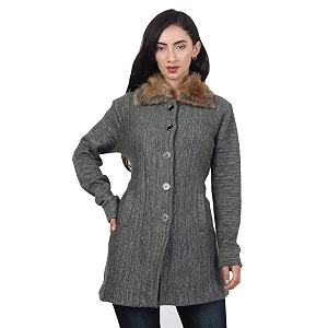 hautemoda solid collared neck casual women coat with fur collar