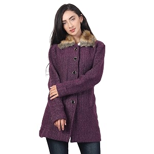 hautemoda solid collared neck casual women coat with fur collar