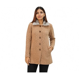 hautemoda solid collared neck casual women coat with fur collar