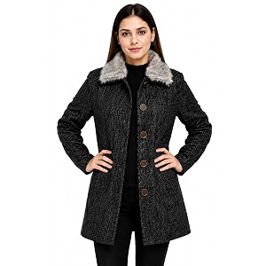 hautemoda solid collared neck casual women coat with fur collar