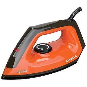 havells dry iron aquilla 1000 watts  iron press german technology  plastic non sick coated sole plate  shock proof body  2 yr manufacturer warranty orangeblack
