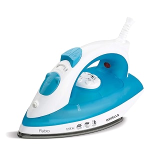 havells fabio 1250w steam iron blue  teflon coated soleplate  vertical amp horizontal ironing  powerful steam output  quick heat-up  110ml water tank  2-year warranty 