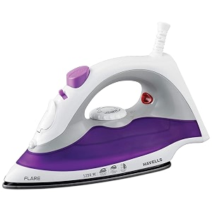 havells plastic flare 1250 watts steam iron with vertical amp horizontal ironing  teflon coated sole plate powerful mist spray with 3 functions 360 swivel cord2 years manufacturer warranty purple