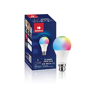 havells glamax 9w b22 wifi led smart bulb with music sync function compatible with amazon alexa and google assistant 16m colours