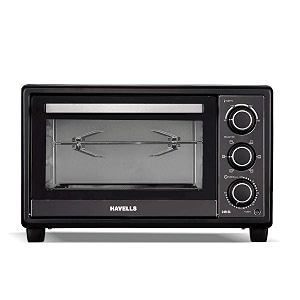 havells otg 24r bl - 24 liter toughened double glass door 60 min timer rotisserie inner lamp 6 heating modes 4 skewer rods enamelled coated baking tray 2-yr warranty 1380 watt black