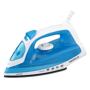 havells vapor 1250 watts steam iron with teflon coated sole plate self cleaning function vertical amp horizontal ironing amp 2 years warranty blue abs