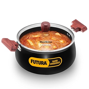 hawkins futura 4 litre non-stick cook in serve handi hard anodised biryani handi with glass lid induction saucepan sauce pan black iach40g