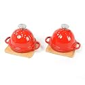 HAWOK Enameled Cast Iron Garlic Roaster with Bamboo Tray, 5-Inch, BBQ Grill Garlic Baker, Mini Cocotte, Set of 2, Red
