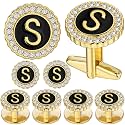 HAWSON 18K Gold Tone Initial Cufflinks for Men with Tuxedo Studs - Gift Boxed, Stylish Men's Jewelry Accessories for Weddings, Birthdays, Anniversaries, Father's Day