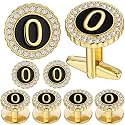 HAWSON 18K Gold Tone Initial Cufflinks for Men with Tuxedo Studs - Gift Boxed, Stylish Men's Jewelry Accessories for Weddings, Birthdays, Anniversaries, Father's Day