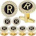 HAWSON 18K Gold Tone Initial Cufflinks for Men with Tuxedo Studs - Gift Boxed, Stylish Men's Jewelry Accessories for Weddings, Birthdays, Anniversaries, Father's Day