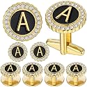 HAWSON 18K Gold Tone Initial Cufflinks for Men with Tuxedo Studs - Gift Boxed, Stylish Men's Jewelry Accessories for Weddings, Birthdays, Anniversaries, Father's Day