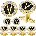 HAWSON 18K Gold Tone Initial Cufflinks for Men with Tuxedo Studs - Gift Boxed, Stylish Men's Jewelry Accessories for Weddings, Birthdays, Anniversaries, Father's Day